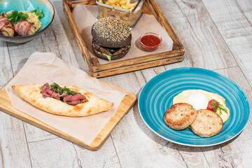 Several different tasty dishes, healthy and unhealthy