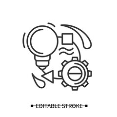 Creative process icon. Light bulb, gear and agile work flow linear pictogram. Concept of creativity, project management and art industry product development. and Editable stroke vector illustration