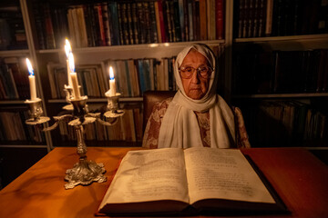 Arabic muslim old woman reading books in her library at night with candles light