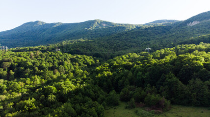 Fototapeta na wymiar Beautiful landscape view of the valley. Trees, river and mountain range in the background. Clear sky, Sunny spring day. Drone shot A bird's-eye view of the landscape. drone photography