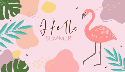 Collection of cute summer elements, tropical banner, flamingo,abstract shapes, tropical leaves objects, summer season card vector, sale graphic card