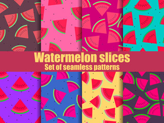 Watermelon set of seamless pattern. Triangular slices of watermelon. For brochures, promotional material and wallpaper. Vector illustration
