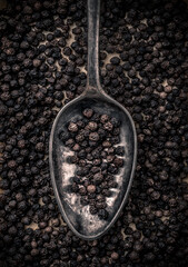 Black pepper seeds large overhead close up arrangement in metal spoon studio shot