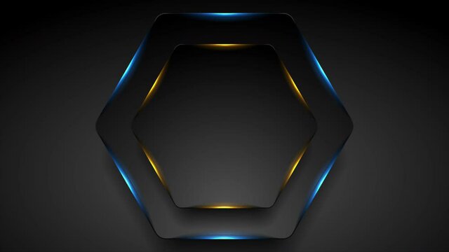 Black hexagon with blue orange neon light abstract background. Tech glowing corporate design. Video animation Ultra HD 4K 3840x2160