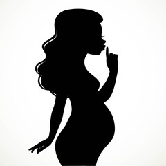 Silhouette of beautiful young pregnant woman put a finger to her lips and asked me not to reveal the secret isolated on white background