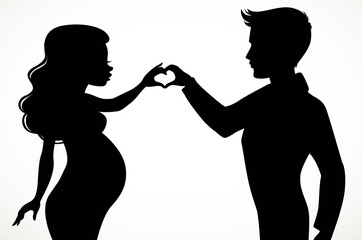Silhouettes of a man and a pregnant woman folded from the fingers of a heart isolated on a white background