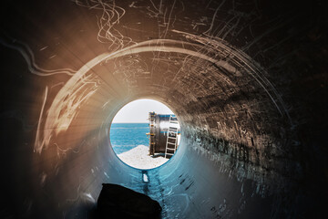 View of the sea and the end of the large tube from the inside of a scratched tube pipe