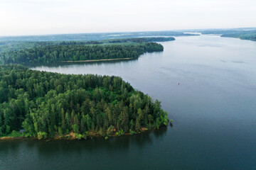 Obraz premium panoramic view of the river at sunset taken from a drone