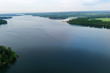 panoramic view of the river at sunset taken from a drone