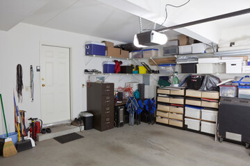 Typical suburban garage full of boxes and storage items.