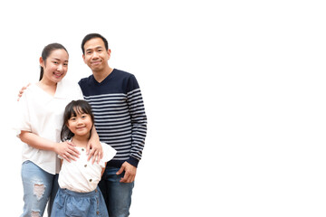 Happy family woman and a man with little child smiling and fun isolated over white background
