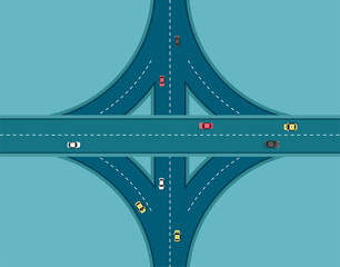 Naklejka premium Top view road with different cars. Autobahn and highway junction. City infrastructure with transportation elements.Vector illustration in a flat modern style.