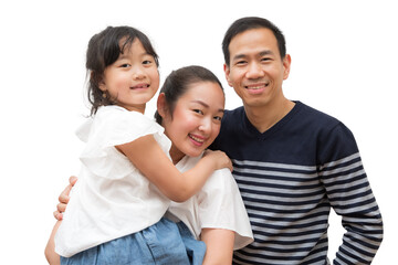 Happy family woman and a man with little child smiling and fun isolated over white background