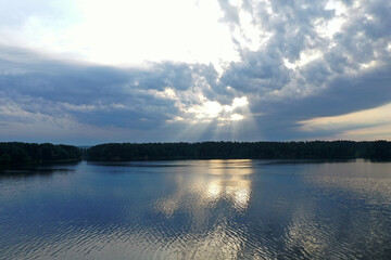 panoramic view of the river at sunset taken from a drone