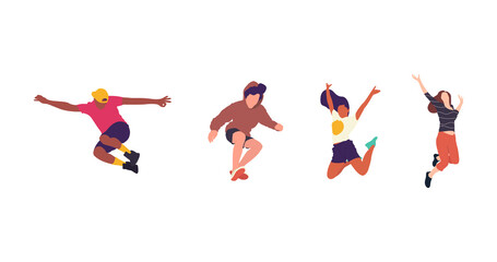 Happy jumping people flat vector illustration. Cheerful corporate employees cartoon characters set. Young male and female people in casual clothes isolated clipart. Diverse group of people.