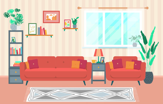 Living room with furniture. Cozy interior with a sofa, armchair, bedside table, shelves, a picture and a window with flowers in the living room. Cozy room. Vector illustration in a flat cartoon style.