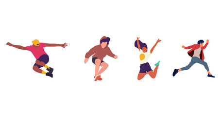 Happy jumping people flat vector illustration. Cheerful corporate employees cartoon characters set. Young male and female people in casual clothes isolated clipart. Diverse group of people.