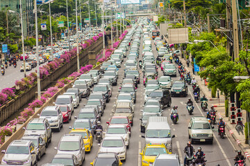 View of Traffic jam on rush hours in Sathorn Road, Sathorn district, Bangkok, Thailand. Bangkok is second most congested city in the world.