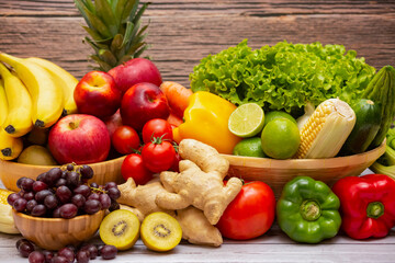 Assortment of Fresh vegetables and fruits background,Healthy food
