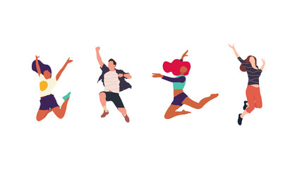 Happy jumping people flat vector illustration. Cheerful corporate employees cartoon characters set. Young male and female people in casual clothes isolated clipart. Diverse group of people.
