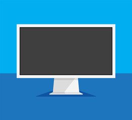 Computer monitor in a trendy flat style. Empty or blank display screen. Computer mock up isolated on blue background. Equipment for office. Vector illustration.	