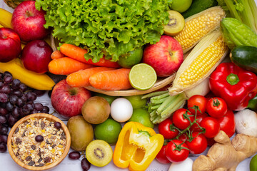 Assortment of Fresh vegetables and fruits background,Healthy food