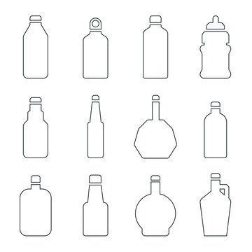 Various glass outline bottle icon set. Thin line silhouette.