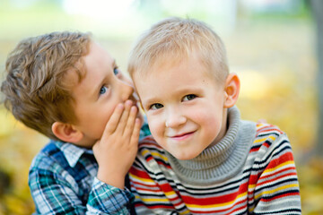 A boy tells a secret to his friend in the ear in an autumn Park against a background of yellow...