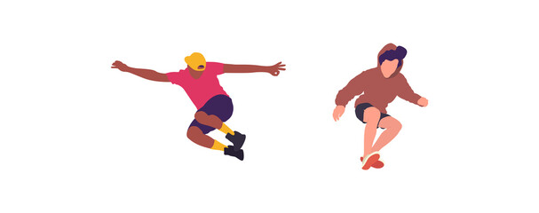 Happy jumping people flat vector illustration. Cheerful corporate employees cartoon characters set. Young male and female people in casual clothes isolated clipart. Diverse group of people.