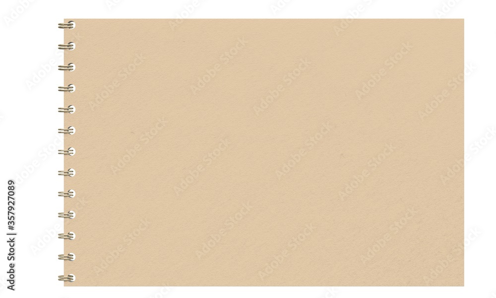 Poster mockup cardboard notebook with gold wire on a white background. 3d rendering
