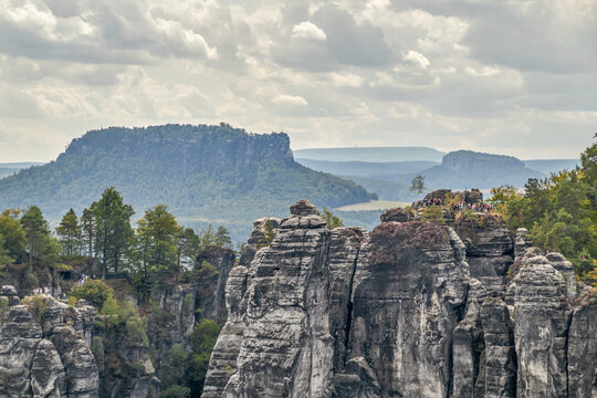 Panorama Saxon Switzerland of the rock formations Ferdinandstein, Lilienstein and K&ouml;nigstein