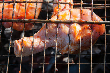 Chicken meat cooked on fire. Grilled meat. Cooking at backyard. Food. Fried meat. Food background
