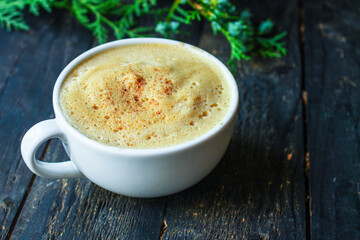 cup of coffee and twigs spruce on the table, new year mood Menu concept serving size. food background top view copy space for text