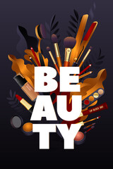 Beauty Salon. Colorful Makeup and Hair Style decorative illustration with haircut accessories and Make-up equipment with big white letters. Realistic Poster. Vector Illustration black and Gold Colors