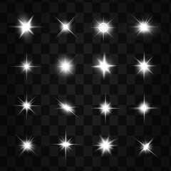 Glow isolated white transparent light effect set, lens flare, explosion, glitter, line, sun flash, spark and stars. Abstract special effect element design.