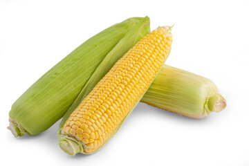 Fresh Corn with leaves and Corn kernels isolated on white background, save with clipping path