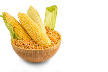 Fresh Corn with leaves and Corn kernels isolated on white background, save with clipping path