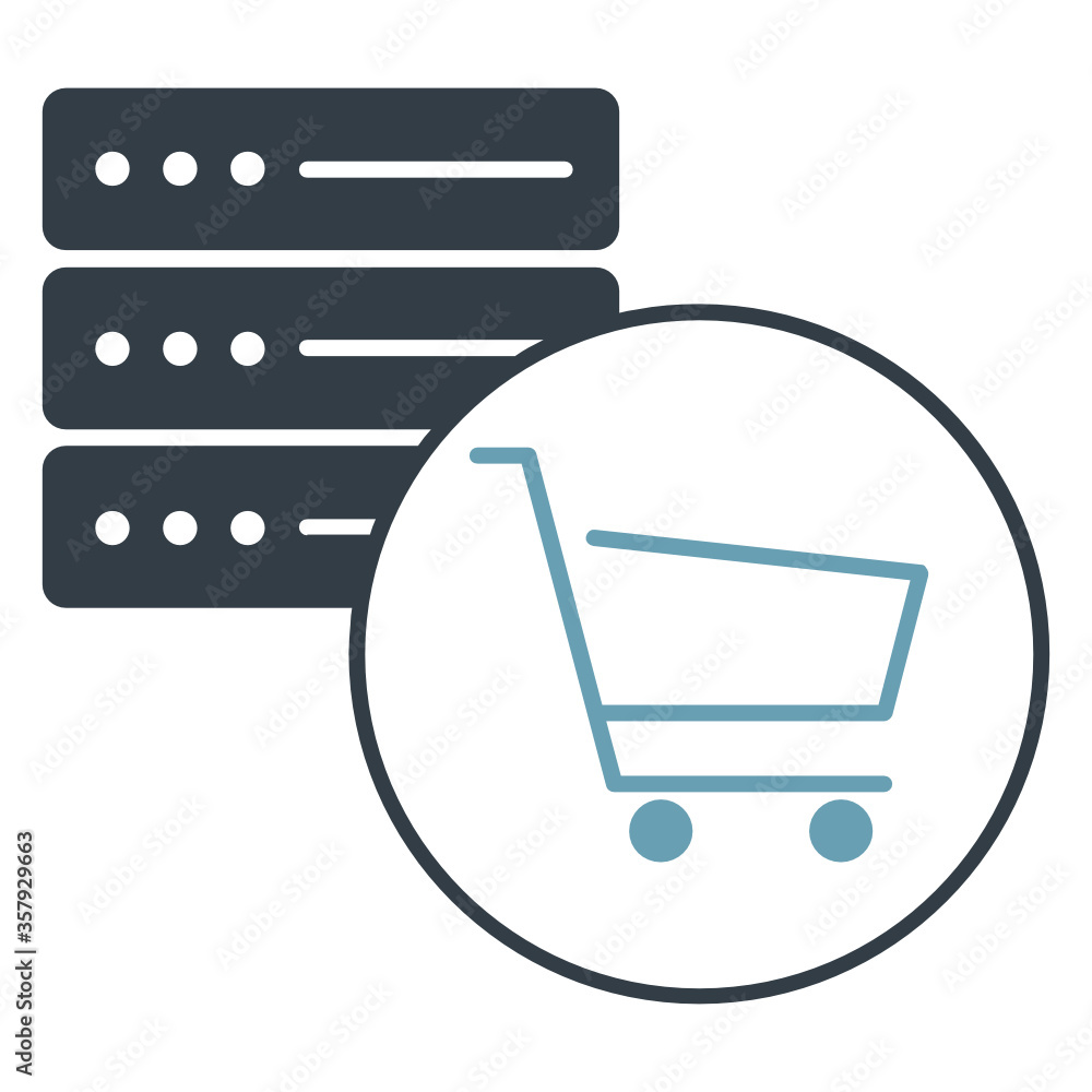 Poster hosted commerce server concept vector icon, web server and shopping cart design on white background,