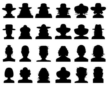 Set of black silhouettes of avatars on a white background