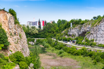 View of Kadzielnia - nature reserve built of limestone