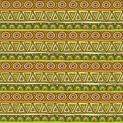 Seamless red, orange and green color ornament from geometric elements in ethnic zen style