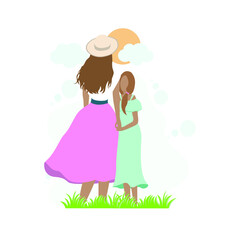 Mom and daughter hold hands and meet the sunset in nature