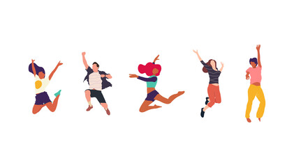 Happy jumping people flat vector illustration. Cheerful corporate employees cartoon characters set. Young male and female people in casual clothes isolated clipart. Diverse group of people.