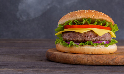 Tasty homemade burger with beef, tomatoes, onions, cheese and salad on a black background with copy space. Side view. fast food. Closeup. focus on cutlet.