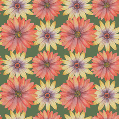 Fototapeta premium Seamless watercolor pattern on a green background. Art watercolor for design, packaging and printing. Ornament of bright colors.