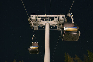 Night photo of Gondola lift in Veysonnaz Alps mountains Switzerland