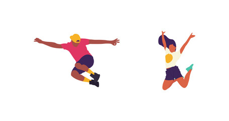 Happy jumping people flat vector illustration. Cheerful corporate employees cartoon characters set. Young male and female people in casual clothes isolated clipart. Diverse group of people.