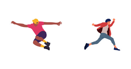 Happy jumping people flat vector illustration. Cheerful corporate employees cartoon characters set. Young male and female people in casual clothes isolated clipart. Diverse group of people.