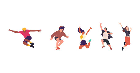 Happy jumping people flat vector illustration. Cheerful corporate employees cartoon characters set. Young male and female people in casual clothes isolated clipart. Diverse group of people.