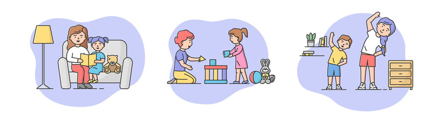 Concept Of Family Spending Time. Mother Is Reading Book, Do Exercises With Son, Play Toys With Daughter. Family Members Spending Time Together at Home. Cartoon Linear Outline Flat Vector Illustration